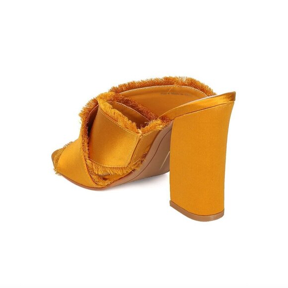 Dolce Vita Block Heel Sandals 9.5 Henry Raw Fringe Saffron Satin Mules